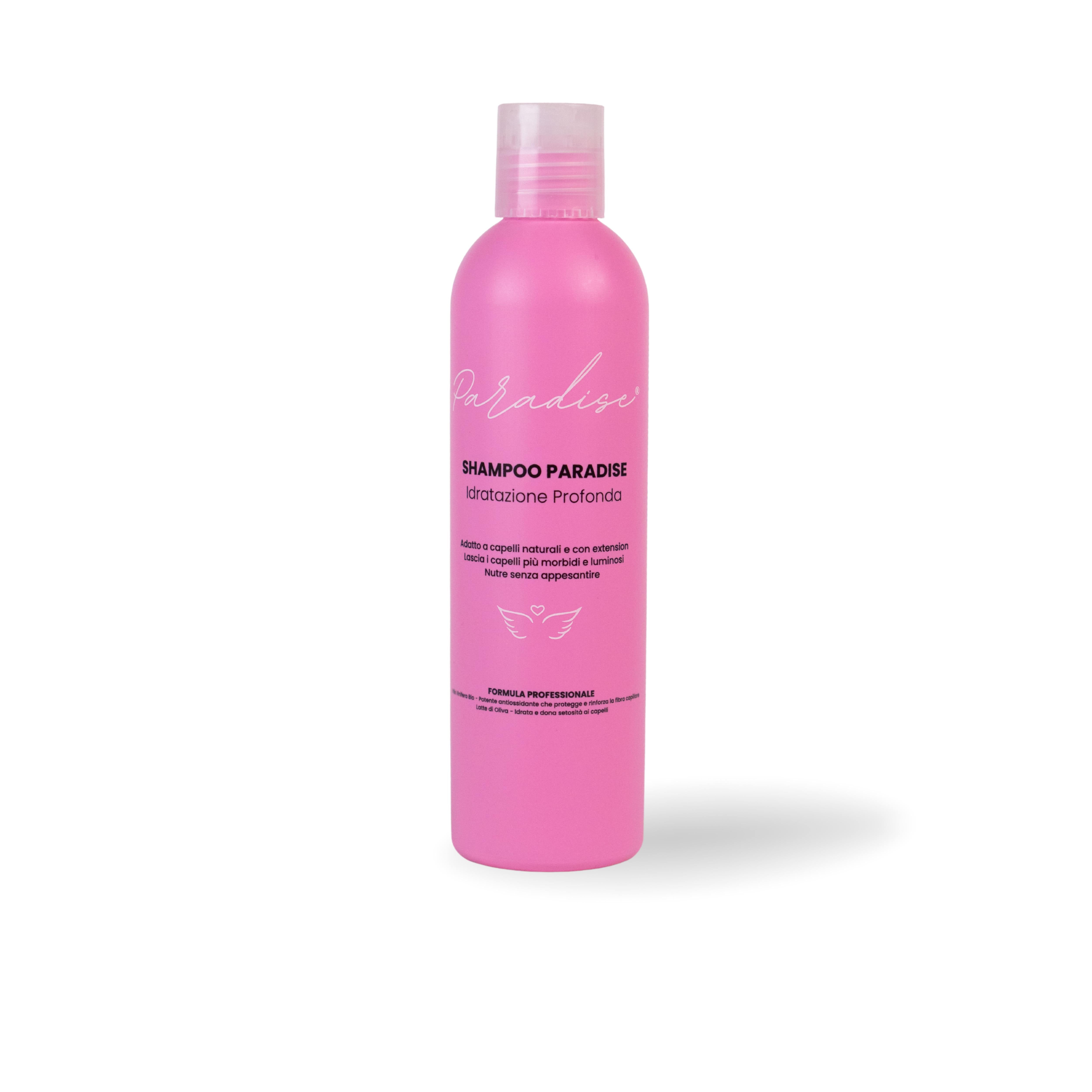 Shampoo Paradise professionale per extension capelli veri, detergente delicato idratante ideale per mantenere morbidezza e lucentezza delle extension a Milano.