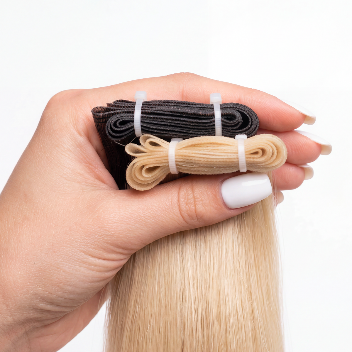 Dettaglio fascia extension Paradise colore mogano, microtessitura capelli veri premium con fasce sottili e leggere, ideali per un effetto naturale e confortevole.